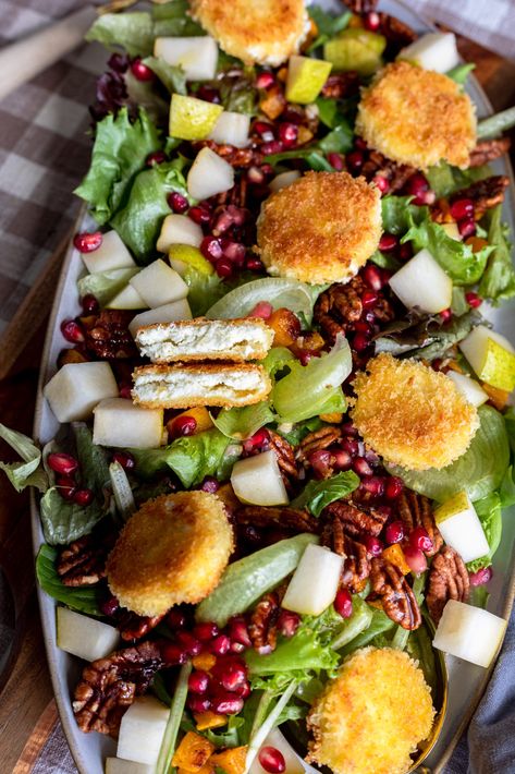 This fall fried goat cheese salad with a maple mustard vinaigrette is bursting with delicious and seasonal flavors! Fried Goat Cheese Salad, Maple Mustard Vinaigrette, Veggie Entrees, Fried Goat Cheese, Seed Salad, Mustard Vinaigrette, Maple Mustard, Onion Soup Recipes, 2024 Recipes