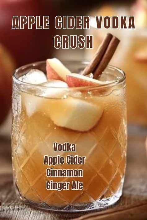 Apple Cider Vodka Crush Apple Cider Whipped Vodka, Spiked Cider Recipes Crock Pot, Simple Apple Cider Cocktail, Apple Cider Crush, Crockpot Apple Cider With Alcohol, Apple Cider Wine Slushies, Vodka Apple Cider Cocktail, Apple Cider Shots Recipe, Apple Cider Vodka Crush