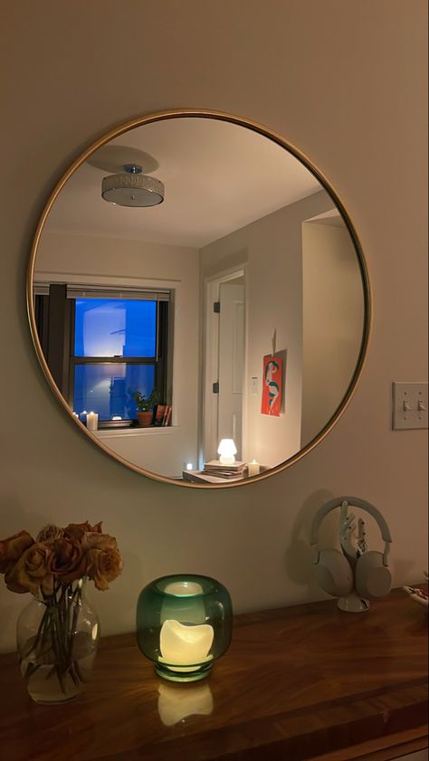 Apartment decor inspiration candle mirror windowsill round gold mirror flowers art artsy Circular Mirror Living Room, Mirror Flowers, Round Gold Mirror, Mirror Bedroom, Circle Mirror, Candle Mirror, Circular Mirror, Candle Inspiration, Living Room Mirrors