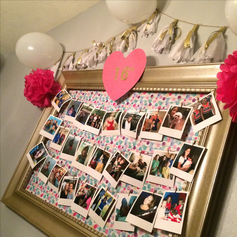 Sweet 16 Birthday Photo Display Idea Sweet 16 Photo Display, Birthday Photo Displays, Sweet 16 Photo, Sweet 16 Photos, Photo Wall Display, Sweet 16 Party, Photo Prompts, Sweet Sixteen Parties, 16 Birthday