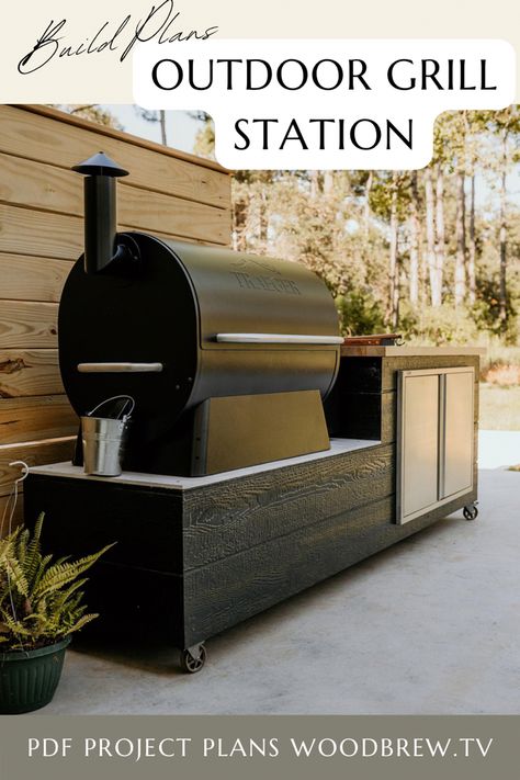 Deck Cooking Station, Traeger Outdoor Kitchen Ideas Diy, Built In Pit Boss Smoker Outdoor Kitchen, Outdoor Kitchen Traeger Grill, Outdoor Charcoal Grill Station, Portable Grill Station, Trager Grill Built In Kitchen, Traeger Grill Setup, Grill Pad Off Patio Diy