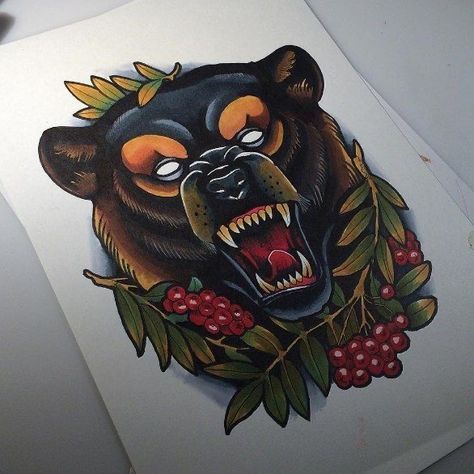 Traditional Bear Tattoo, Backpiece Tattoo, Bear Tattoo Designs, Tier Tattoo, Bear Tattoos, Traditional Ink, Tattoo Traditional, Bear Tattoo, Mermaid Tattoos