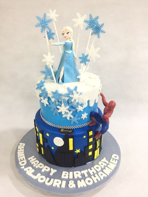 Elsa Spiderman Cake, Elsa And Spiderman, Extreme Cakes, Spiderman Birthday Cake, Creative Chocolate, Batman Cake, Chocolate Sculptures, Twins Birthday, Spiderman Cake