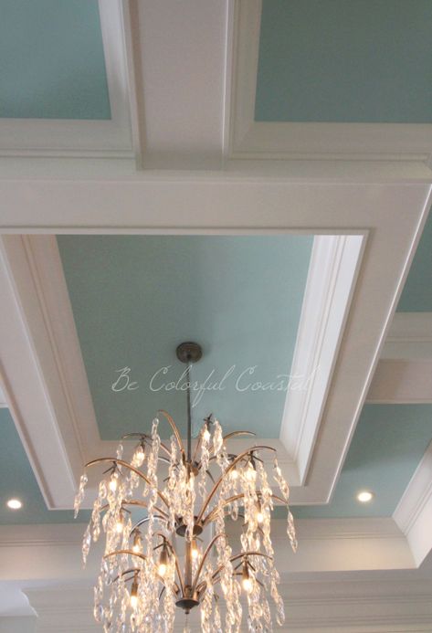 Palladian Blue Ceiling, Sherwin Williams Waterfall, Living Room Tray Ceiling, Coastal Ceiling, Rustic Resort, Aqua Door, Light Blue Living Room, Blue Ceiling, Beach House Colors