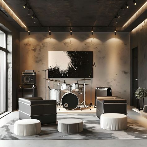 Explore this modern music room's sleek interior, featuring a central drum set and high-end speakers against dark gray walls. The room's design incorporates black leather sofas and beige ottomans, offering a stylish blend of comfort and functionality. Spotlights from a black ceiling highlight a dramatic abstract painting and the concrete flooring adds an industrial touch. Perfect for musicians, this space combines modern aesthetics with musical inspiration. Music Room With Drums, Room With Drum Set, Home Music Room Ideas, Drum Aesthetics, Drums Room, Music Studio Interior, Music Studio Room Aesthetic, Dark Gray Walls, Modern Music Room