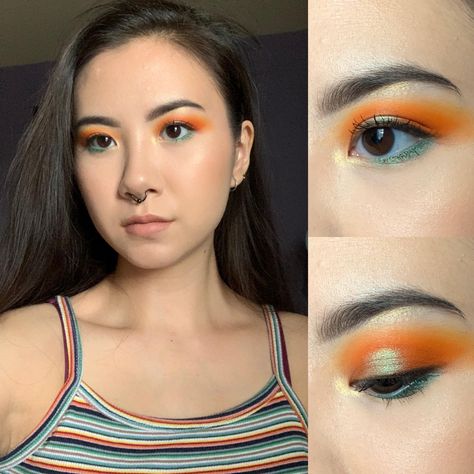 Green Orange Eye Makeup, Green And Orange Eye Makeup, Orange Green Eyeshadow, Orange Green Makeup, Green Orange Makeup, Orange Eyeshadow Looks, Green Eyeshadow Look, Channel Makeup, Orange Eye Makeup