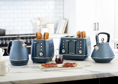 Our Top Kitchen Styling Ideas plus 15 Fab Decor Buys Kitchen Styling Ideas, Blue Toaster, Kettle And Toaster Set, Morphy Richards, Ultimate Kitchen, Cast Iron Tea Pot, Splashback Tiles, Kettle And Toaster, Kitchen Counter Decor