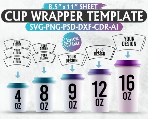 Paper Cup Wrapper Template Bundle, Cup Wrapper Svg Template, Paper Coffee Cup Template, Wrapper, Canva, Cricut, 8.5"x11" sheet, Printable Valentines Cricut, Coffee Cup Template, Canva Cricut, Cup Template, Coffee Gifts Box, Engraved Pencils, Paper Coffee Cup, Cup Ideas, Coffee Cup Gifts