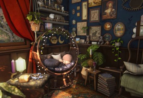 🔮🌙 I felt like making a small space with whimsical? mystical? Vibes 🤏🏼 I tagged some creators on the pictures. If you're reading this, thank you for your wonderful CC, I love your work!! 💘 Hippie Living Room, Whimsical Room, Love Your Work, Sims 4 House Design, Sims Building, Sims House Plans, Building Concept, Los Sims, Sims 4 Collections