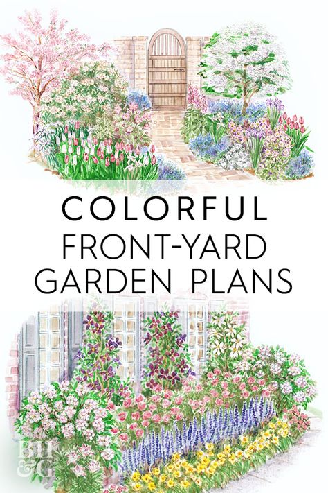 Looking for a colorful front-yard garden plan? Check out our favorite front-yard garden plans here. #gardenplans #gardenplanslayout #gardenlayout #project #printablegardenplan #landscape #bhg Front Yard Landscape Plans Layout, Flower Garden Ideas In Front Of House Landscaping Perennials, Yard Plans Layout Design, Small Front Yard Flower Garden, Perennial Cottage Garden Plans, Front Yard Garden Plans Layout, Front Garden Bed Landscaping, Landscape Design Plans Front Yard, Zone 5 Cottage Garden Plans