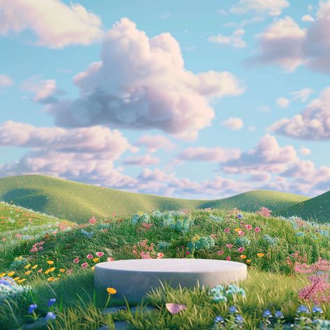 3D illustration of green hills and clouds, grass on the ground with colorful wildflowers, blue sky, empty stone podium in front, Pixar animation style, minimalist design, simple background, cute girly style, studio lighting, high detail, hyper realistic Grass Ground Background, Cute Animation Background, Cloud Illustration Art, Grass Background Aesthetic, Art Background Landscape, Sky And Grass Background, Pixar Background, 3d Background Design, Landscape Poster Design