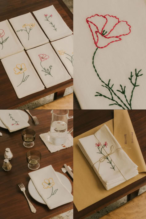 Add a touch of charm to your holiday table with our Romantic Flowers Napkins. Crafted from 100% linen and hand-embroidered in France, they’re the perfect blend of elegance and tradition for your gatherings. Cloth Napkins Embroidery, Embroidered Tablecloth Ideas, Embroidered Napkins Diy, Napkin Embroidery Ideas, Embroidered Napkins Wedding, Embroidery Table Runners, Embroidery Placemats, Cloth Napkins Diy, Dish Towel Embroidery