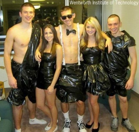 10 Fun and Original Mixer Themes - Society19 Anything But Clothes Party Ideas, Dance Outfit Ideas, Anything But Clothes Party, Abc Costumes, Trash Bag Dress, Mixer Themes, Partner Costumes, Anything But Clothes, Abc Party Costumes