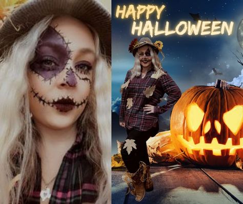 Scarecrow Makeup! I just used black eyeliner and purple eyeshadow and dark lipstick! Purple Scarecrow Makeup, Spooky Scarecrow, Scarecrow Makeup, Dark Lipstick, Purple Eyeshadow, No Face, Black Eyeliner, Scarecrow, Face Paint