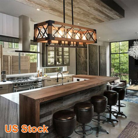 Industrial Kitchen Design, Island Bar, Farmhouse Kitchen Island, Modern Kitchen Design Luxury 2020, Edison Bulbs, Modern Kitchen Design Open Concept, Kitchen Island Lighting Pendant, Retro Industrial, Kitchen Island Design