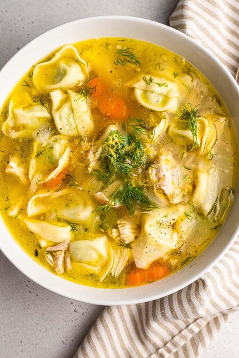 Chicken Tortellini Soup | So Much Food Healthy Chicken Tortellini Soup, Soup With Ravioli, Tortellini Chicken Soup, Tortellini Chicken, Classic Chicken Noodle Soup, Chicken Soup Recipes Easy, So Much Food, Tomato Tortellini Soup, Chicken Tortellini Soup