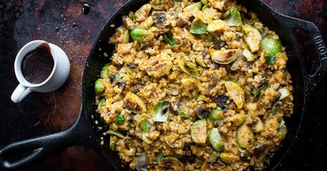 Balsamic and Brussels Rice Bake - Natural Comfort Kitchen Make Ahead Rice, Garlic Brown Rice, Rice Bake Recipes, Rice Bake, Squash Vegetable, How To Cook Mushrooms, Balsamic Reduction, Broccoli Cheddar, Crushed Garlic