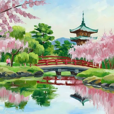 Painting "Japanese Spring Garden" - Creativity Without Borders Japanese Spring, Painting Japanese, In Harmony With Nature, Wolf Face, Inner Balance, Harmony With Nature, Without Borders, Dream City, Country Farm