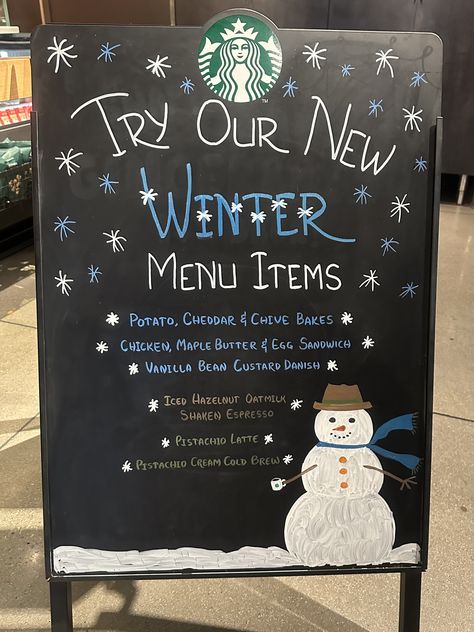 Created for winter menu launch ⛄️ Starbucks Crafts, Autumn Drinks, Cafe Chalkboard, Menu Signs, Menu Board Design, Starbucks Art, Beach Hippie, Soft Launch, Chalkboard Drawings