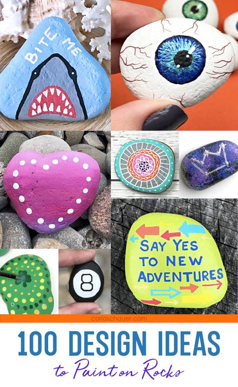 So many I hadn't thought of!  100 things to paint on rocks. Ideas to jumpstart rock painting creativity from Carla Schauer Studio #rockpainting #paintedrocks #paintingideas #rockcrafts #paintingcrafts #craftideas #paintedrockanimals #patterns #kidcraft #teencraft #adultcraft Things To Paint On Rocks, Easy Rock Painting, Rock Painting Supplies, Things To Paint, Sand Tray, Retro Painting, Paint Rocks, Painted Rock Animals, Halloween Eyeballs