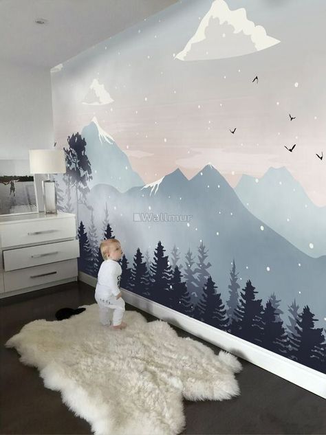 Snow Wallpaper, Mountain Wall Mural, Mountain Mural, Murals For Kids, Nursery Room Design, Landscape Mountain, Baby Boy Room Nursery, Nursery Room Inspiration, Baby Room Design