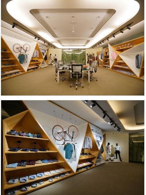 Showroom Interior Design Pop Design For Showroom, Clothing Store Ceiling Design, Sports Showroom Interiors, Garment Showroom Interior Design, Retail Showroom Design, Pop Design For Shop, Showroom Ceiling Design, Sports Shop Interior Design, Shop Ceiling Design