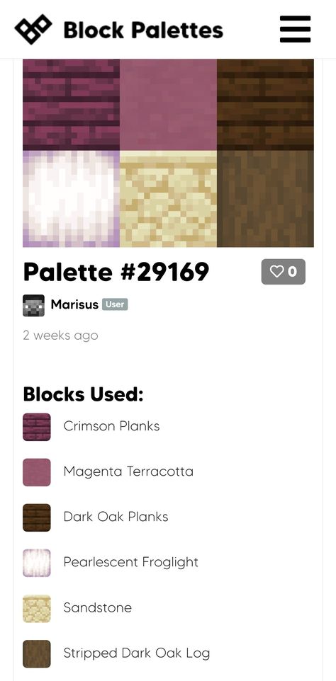 Minecraft Color Palette Purple, Block Combos Minecraft, Minecraft Block Combinations, Minecraft Palates, Minecraft Colour Palette, Minecraft Palettes, Minecraft Block Palette, Block Pallets, Minecraft W