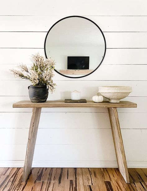 Modern organic, neutral console table styling. Neutral organic decor. Natural and neutral decor. Aged found and vintage pottery, paper mache bowl. Modern clean and simple console table. DIY console table. Light wood console table. Black metal round mirror. Console Table Styling Modern Entryway, Boho Console Table Entryway, Natural Wood Entryway, Entry Table Decor Simple, Light Wood Entryway Table, Console Table Hallway Diy, Cheap Console Table, Diy Console Table Makeover, Mudroom Console Table