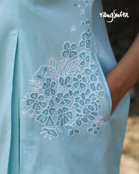 Perfect for warm days ahead, our Nargis collection is designed to keep you comfortable and stylish all summer long. Crafted in breathable cotton, the airy fabric and the soft pastel hues make it an ideal choice for those sunny days. The intricate crewel embroidery adds a delicate touch to this light and breezy collection making it an absolute must-have for your summer wardrobe. Pick your favourite and style with Nargis by Rangsutra this summer. Shop now on www.rangsutra.com. Link in bio. ... Dupatta Designs Ideas, Pocket Styles, Hand Embroidery Dress, Embroidery On Kurtis, Kurti Embroidery Design, Suit Pattern, Couture Embroidery, Dress Design Patterns, Embroidery Stitches Tutorial