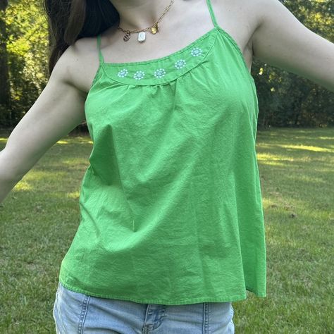 Green, floral embroidered tank top from Old Navy! ... - Depop Embroidered Tank Top, Embroidered Tank, Fairy Core, So Cute, Old Navy, Cute Outfits, Tank Top, Tank Tops, Navy