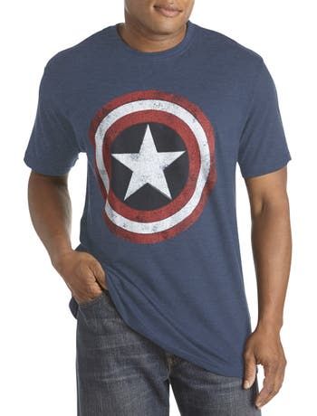 You're bringing your A-game when you wear this Captain America graphic T-shirt. The iconic shield logo has a vintage look, and the full, roomy cut means your Marvel superhero style is comfortable, too.50% cotton/50% polyesterRibbed-knit crewneck; smooth, covered neck seamReinforced shouldersScreenprinted Marvel graphic at chestShort sleevesStraight hemMachine wash; imported Machine wash; made in France 50% cotton/50% polyester Ribbed-knit crewneck; smooth, covered neck seam Reinforced shoulders Superhero Fashion, Shield Logo, Marvel Superhero, Knit Crewneck, Marvel Superheroes, Captain America, Vintage Look, Vintage Looks, Ribbed Knit