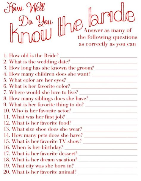 game: how well do you know the bride? Free Bridal Shower Games, Lawrence Photos, Wedding Game, Fun Bridal Shower Games, Bridal Games, Printable Bridal Shower Games, Wedding Shower Games, Fall Bridal Shower, Shower Food