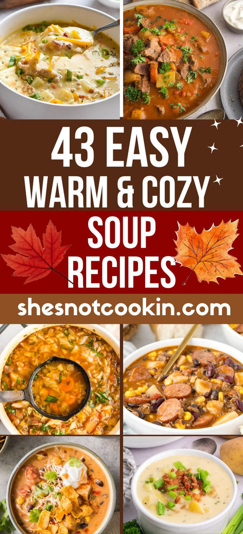 Photo collage of soup recipes with text overlay. Easy Filling Soup Recipes, Continental Soup Recipes, Soup For A Group, Soup For Bread Bowls, Cheap Potato Soup, Fall Soup Recipes Ground Beef, Fall Soups And Stews Healthy, Rustic Beef Stew, Soup Recipes Hearty