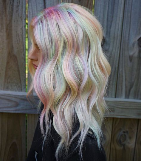 Multi Colored Hair Highlights Blondes, Blonde Hair Pastel Highlights, Platinum Blonde Hair With Colored Tips, Blonde Hair With Vivid Colors, Colorful Highlights For Blondes, Pastel Highlights In Blonde Hair, Blonde Hair With Pastel Highlights, Subtle Multi Dimensional Hair Color, Color Highlights For Blondes