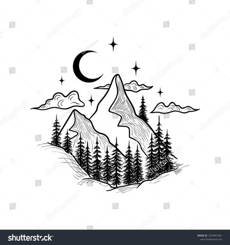 Forest Moutain Tattoos, Mountain And Stars Drawing, Moon And Mountains Drawing, Mountain Camping Tattoo, Mountains And Stars Tattoo, Mountain Silhouette Tattoo, Mountain And Moon Tattoo, Forest Landscape Drawing, Moon And Stars Drawing