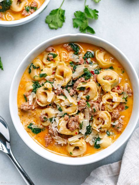 Creamy Sausage Tortellini Soup - #sausage #tortellini #soup #recipe #eatwell101 - Creamy sausage tortellini soup is thick and creamy comfort in a bowl. A family favorite! - #recipe by #eatwell101® Smoked Sausage Cheese Tortellini, Sausage Tortellini Soup Half Baked Harvest, Creamy Cheese Tortellini Recipes, Totelini Soup Sausage, Turkey Sausage Tortellini Soup, Half Baked Harvest Tortellini Soup, Italian Sausage Tortellini Recipes, Tortellini Soup Healthy, Easy Soup Recipes Few Ingredients