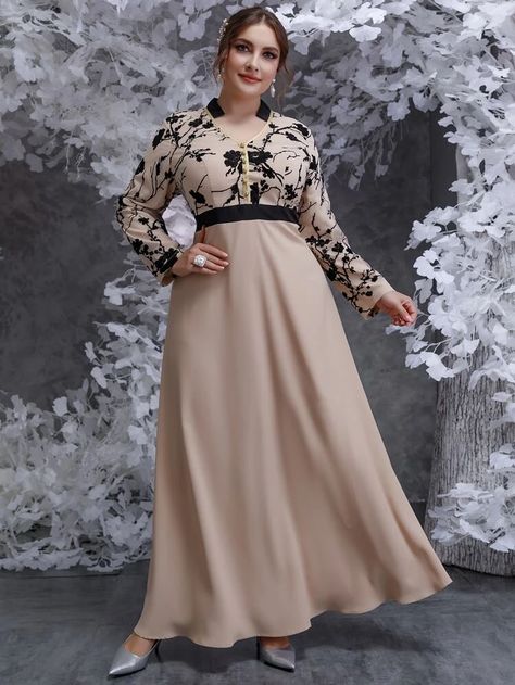 Plus Floral Print Contrast Trim Bridesmaid Dress | SHEIN USA Elegant Bridesmaid Dress, Muslimah Style, Plus Size Elegant, Party Frocks, Muslimah Dress, Elegant Fabric, Bridesmaid Dresses Plus Size, Stylish Party Dresses, Floral Sleeve