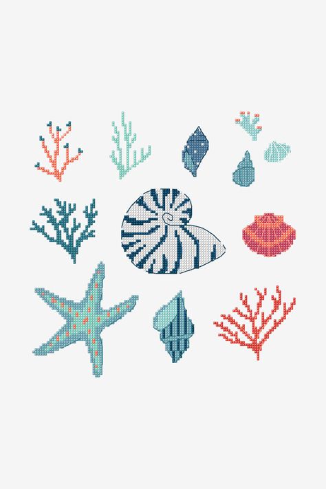 Seashell Cross, Cross Stitch Sea, Holiday Cross Stitch Patterns, Xmas Cross Stitch, Disney Cross Stitch, Mini Cross Stitch, Mini Cross, Needlepoint Patterns, Modern Cross Stitch Patterns