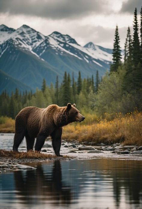 Observing wildlife in Alaska: a bear and moose by a serene river, with snow-capped mountains in the background Wildlife Pictures Nature, Moose In Snow, Forest Wildlife Aesthetic, Landscapes With Animals, Animals In Alaska, Animal Nature Aesthetic, Canadian Wildlife Photography, Anchorage Alaska Aesthetic, Moose Photo