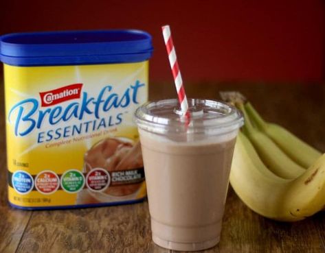 Carnation Breakfast Essentials Chocolate Peanut Butter Banana Smoothie #BreakfastEssentials #PMedia #ad Carnation Instant Breakfast Smoothie, Banana Green Smoothie, Chocolate Peanut Butter Banana Smoothie, Carnation Instant Breakfast, Carnation Breakfast Essentials, Chocolate Banana Smoothie, Breakfast Essentials, Breakfast Shakes, Peanut Butter Banana Smoothie