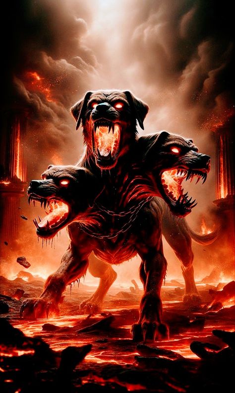 Cerebus Dog Greek Mythology, Cerberus Doberman, Cerberus Tattoo Design, Cerberus Design, Cerberus Tattoo, Horror Artwork Illustrations, Greek Monsters, Greek Mythology Statue, Creepy Animals