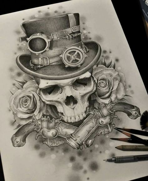 Art by Goran Furjan Steampunk Tattoo Design, Tattoo Crane, Steampunk Drawing, Steampunk Tattoo, Skull Sketch, Arte Steampunk, Roses Tattoo, Geniale Tattoos, Skull Tattoo Design