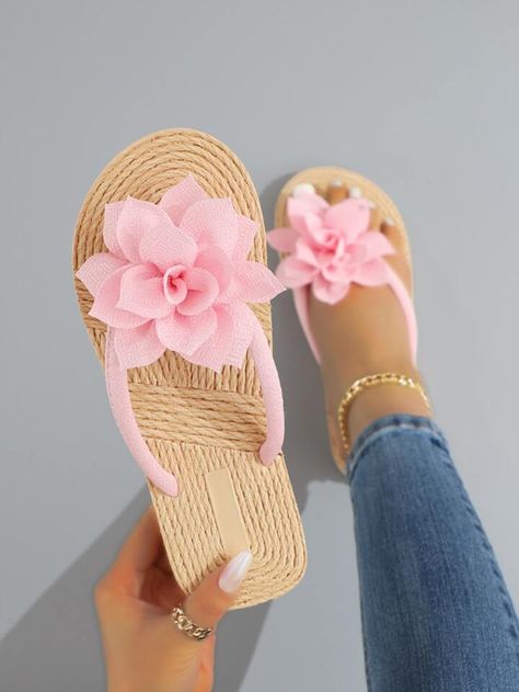 Pink Flip Flops Aesthetic, Decorated Flip Flops, Decorative Shoes, Flower Slippers, Sandals Wedding, Fashion Slippers, Tiny Apartment, Pink Collars, Elegant Dresses Long