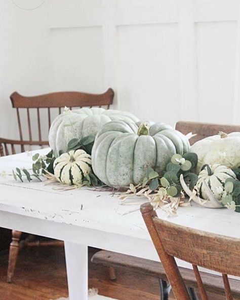 The Willow Farmhouse | Fall Tablescape Gray Pumpkins, Pumpkins Wedding, Farmhouse Antiques, Pumpkin Cottage, Green Pumpkins, Autumn Sage, Fall Pumpkin Centerpieces, Autumn Farmhouse, Thanksgiving Decorating