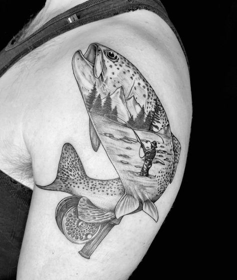 Fishing Tattoo Design, Fishing Tattoo Small, Fisherman Tattoo, Trout Tattoo, Fly Fishing Tattoo, Tattoo Fly, Elk Tattoo, Fishing Hook Tattoo, Nautical Tattoo Sleeve