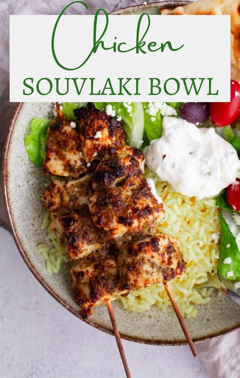 Chicken Souvlaki Rice, Authentic Greek Dinner Recipes, Souvlaki Bowl, Greek Dinner Recipes, Souvlaki Skewers, Healthy Dinners Easy, Chicken Souvlaki Recipe, Skewers Chicken, Greek Dinner