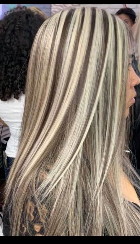 Blonde With Chunky Brown Lowlights, Ash Blonde Hair With Brown Lowlights, Blonde Hair With Black Lowlights, Weave Highlights, Black Hair With Blonde Highlights, Chunky Blonde Highlights, Beautiful Highlights, Chunky Highlights, Highlighted Hair