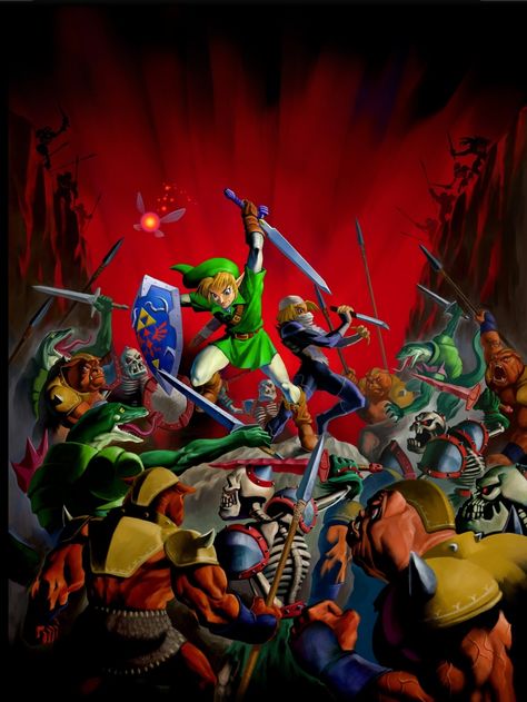 Ocarina of Time Link and Sheik Fighting Ocarina Of Time Official Art, Link Twilight Princess, Oot Link, Time Cover, Zelda Ocarina Of Time, Video Game Posters, Time Games, Link Zelda, Wallpaper Dekstop