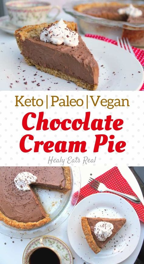 Rich Chocolate Cream Pie Recipe (Vegan, Keto & Paleo)- This chocolate cream pie recipe has a rich chocolate flavor and a smooth creamy texture with a nutty crust. It's the perfect dessert for holidays or special occasions and can be made vegan, keto or paleo. #keto #chocolatepie #paleo via @healyeatsreal Chocolate Cream Pie Recipe, Dessert Oreo, Chocolate Cream Pie, Cream Pie Recipes, Desserts Vegan, Chocolate Pie, Paleo Chocolate, Keto Paleo, Paleo Vegan