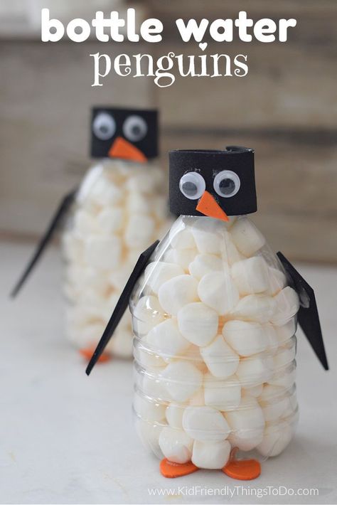 Water Bottle Penguin, Penguin Model Project, Macaroni Penguin Craft, Penguin Bottle Craft, Penguin Water Bottle Craft, Water Bottle Snowman, Preschool Penguin Crafts, Penquins Crafts Christmas, Penguin Diy Craft